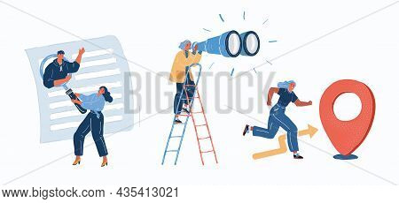Vector Illustration Of People Looking And Focus On Problem To Find Solution, Successful Business Goa