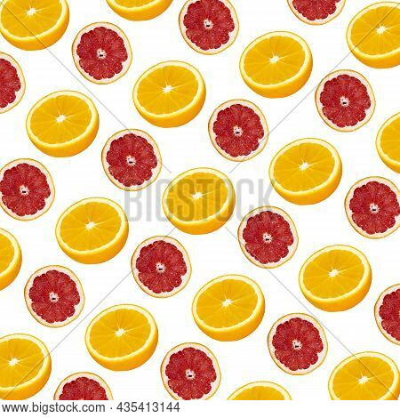 Fresh Orange And Grapefruit Slices Seamless Pattern Over Pink Background, Top View.