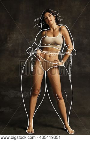 One Young Beautiful Slim Woman In Lingerie Isolated Over Dark Background. Line Art. Modern Artwork. 