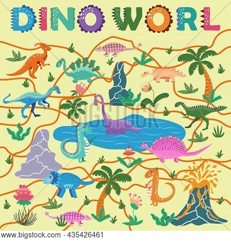 Dinosaurs World Poster. Cartoon Dinosaurs And Hand Lettering. T-rex, Tyrannosaurus, Pterosaur, Ptero