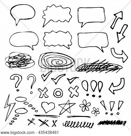 Doodle Set, Black Lines, Arrows, Star, Heart, Question Mark, Exclamation Mark, Strikethrough Suitabl