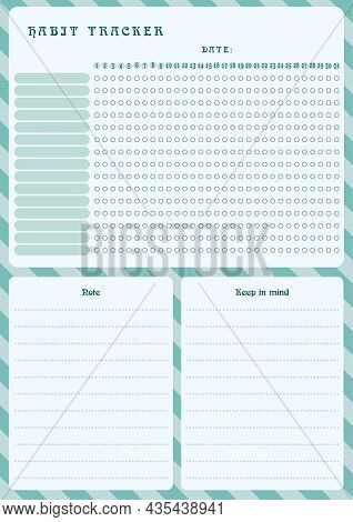 Habit Tracker, Notes, Reminders, Green, Blank Monthly Template Blank Notebook Page A4