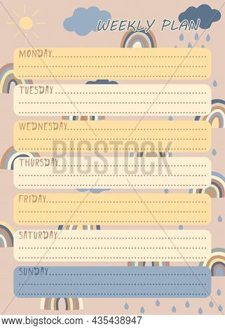 Weekly Planner, Weekly To-do List, Cartoon Colored Rainbows In Pastel Colors