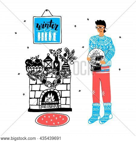 Vector Flat, Linear Illustration With A Young Man Holding Ball With A Christmas Tree, Bear. There Is