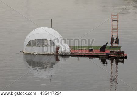 Saint-petersburg. Russia. September 30, 2021. Dome House On A Raft Floating On The Malaya Nevka Rive