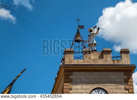Montepulciano, Tuscany, Italy. August 2020. Daytime Footage In The Historic Center. A Small Tower Is