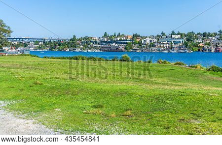 View Of Buildings Along Lake Union. Shot Taken From Gasworks Park In Seattle, Washington.
