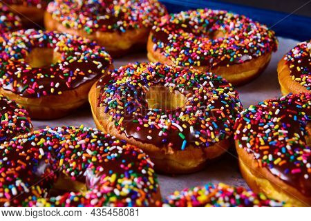 Tray Full Of Fresh Baked Yeast Donuts With Chocolate And Colorful Sprinkles