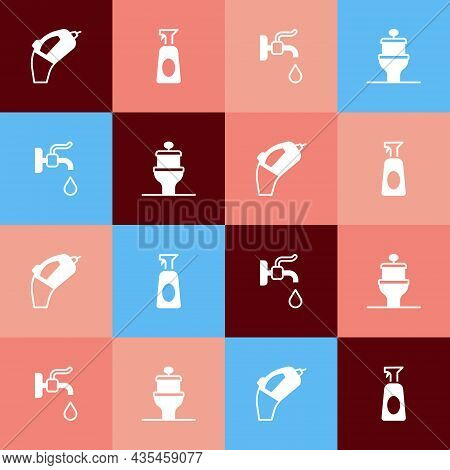 Set Pop Art Portable Vacuum Cleaner, Cleaning Spray With Detergent, Water Tap And Toilet Bowl Icon. 