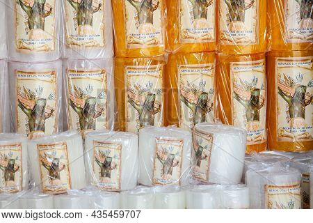 Buga, Colombia - October 2021. Sale Of Religious Articles Close To The Minor Basilica Of The Lord Of