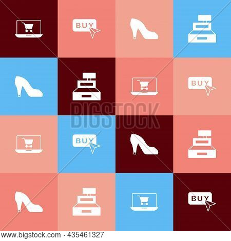 Set Pop Art Shopping Cart On Screen Laptop, Buy Button, Woman Shoe And Cash Register Machine Icon. V