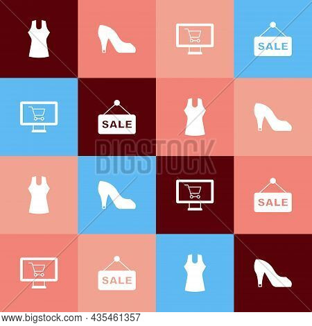 Set Pop Art Woman Dress, Shoe, Shopping Cart On Monitor And Hanging Sign With Text Sale Icon. Vector