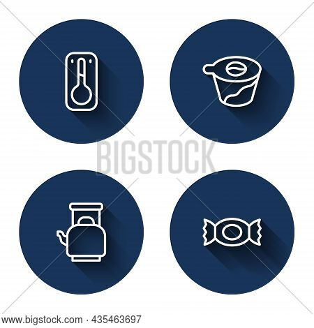 Set Line Coffee Thermometer, Pour Over Coffee Maker, Kettle With Handle And Candy With Long Shadow. 