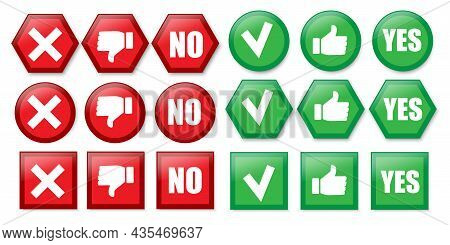 Yes And No Icon Set. Red And Green. Geometric Shapes. Flat Style. Social Media Button. Vector Illust