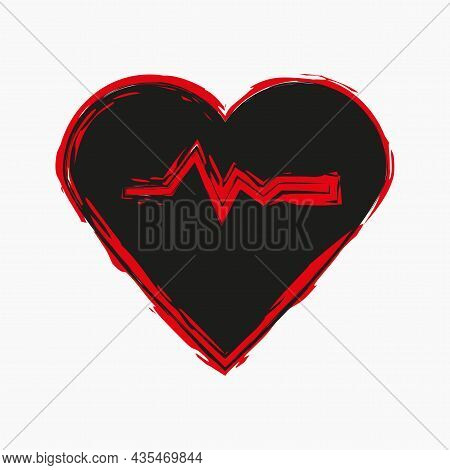 Black Heart Pulse Icon. Red Ink Frame. Medicine Background. Healthcare Concept. Vector Illustration.