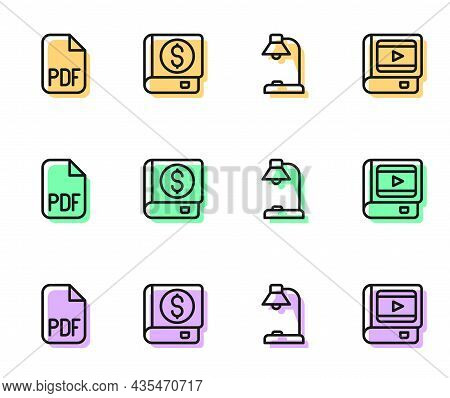 Set Line Table Lamp, Pdf File Document, Financial Book And Book About Cinema Icon. Vector