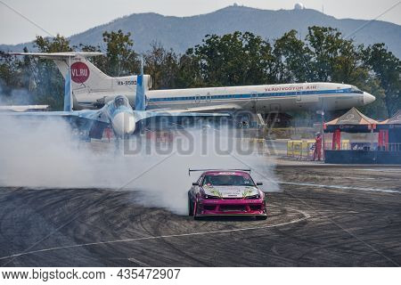 Vladivostok, Russia - October 02: Car Drift, Sports Car Wheel Drifts And A Lot Of Smoke On The Track
