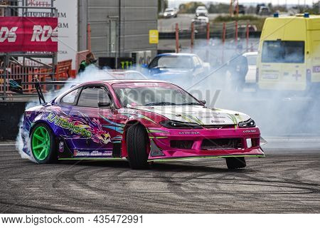 Vladivostok, Russia - October 02: Car Drift, Sports Car Wheel Drifts And A Lot Of Smoke On The Track