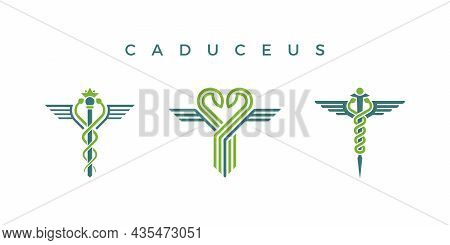 Caduceus Isolated Icons With Snakes, Crown And Wings Shape. Medical Vector Logo Set.