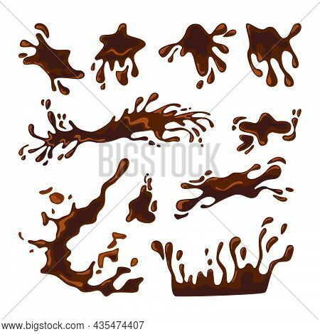 Splashes Of Coffee Or Hot Chocolate Vector Illustrations Set. Spilled Drink, Puddle Of Mud, Liquid O