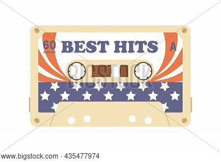 Audio Cassette With 80s Records On Magnetic Tape. Old Casette Of Best Hits Of American Music. Nostal