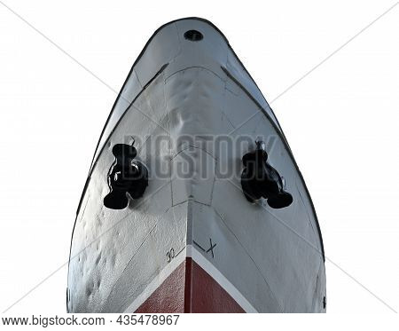 Front View Of Large Cargo Ship. Motor Boat Front View, Isolated On White Background