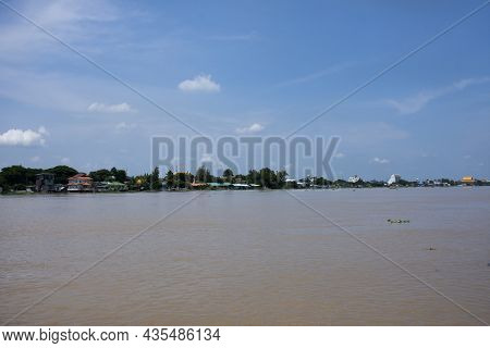 View Landscape Clouds Sky With Cityscape Riverside Pathumthani City And Moving Movement Water Of Cha