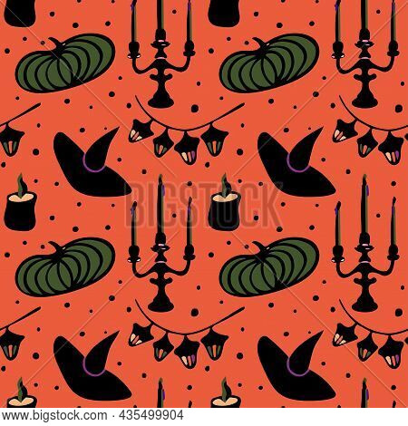 Seamless Vector Pattern In Autumn Colors With Halloween Elements Such As Witches Hat, Candles, Pumpk