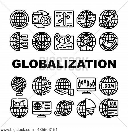 Globalization Worldwide Business Icons Set Vector. Internet Marketing And Trade Market, Digitalizati