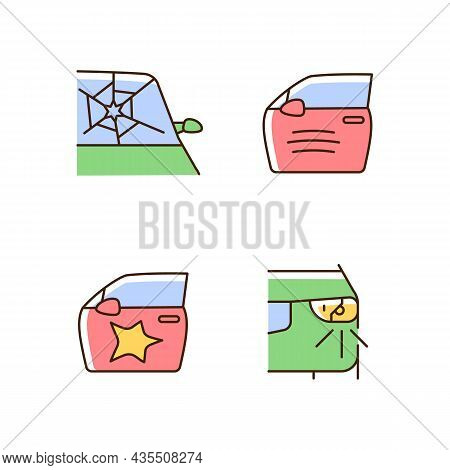 Auto Accident Types Rgb Color Icons Set. Windscreen Damage. Door Panel Dents. Scratch On Car. Vehicl