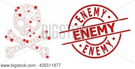Death Skull Star Mesh Net And Grunge Enemy Seal Stamp. Red Seal With Distress Surface And Enemy Word