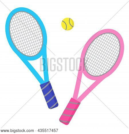 Two Tennis Rackets And Ball. Set For Playing Sport Game. Big Tennis Racquets In Simple Flat Style. I