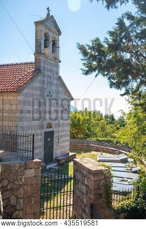 Podostrog, Budva - September 23, 2021: Church Of St. John The Theologian And Cemetery Near, Podostro