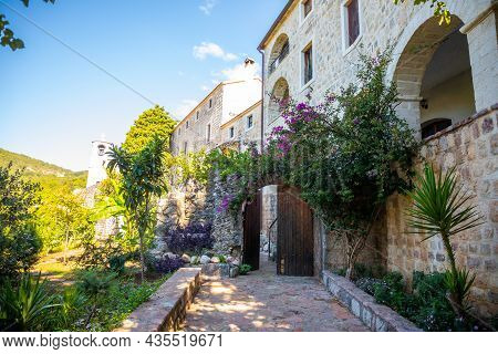 Podostrog, Budva, Montenegro - September 23, 2021: Territory Of Monastery Podmaine Or Podostrog, Bud