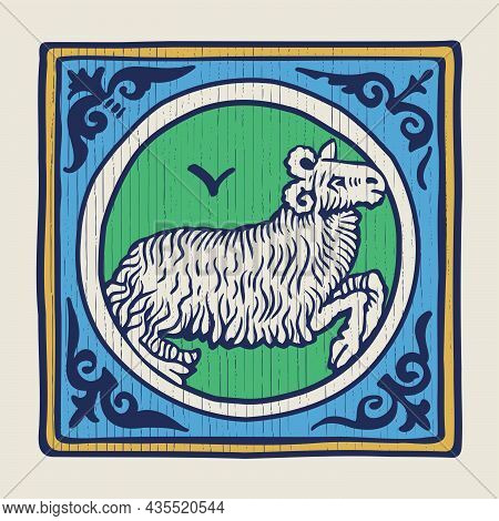 Ram Zodiac Medieval-style Illustration. Dim Colored Square Emblem Perfect For T-shirts, Retro Manusc