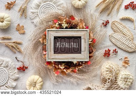 Hashtag Its Fall Yall On Black Board. Off White Natural Fall Decorations. Flat Lay On White Textile.