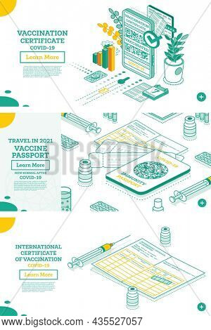 Vaccination Certificate on Screen of Smartphone. Isometric International Certificate of Immunization. Health Passport with QR-code. Immunity Passport with Tickets. Syringe and Vial of Vaccine.