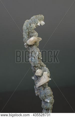 Macro Mineral Stone Chalcedony With Stelbite On A Gray Background Close-up