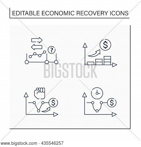 Economic Recovery Line Icons Set. U, V Shaped Recovery, Initial Expansion. Economy Variations. Growt