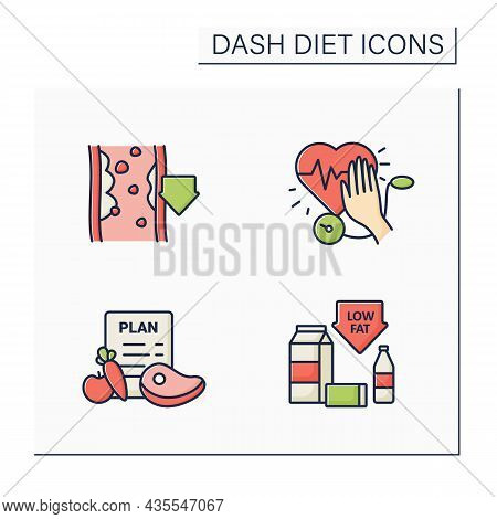 Dash Diet Color Icons Set. Stop Hypertension, Low-fat, Eating Plan, Reducing Cholesterol. Healthy Fo