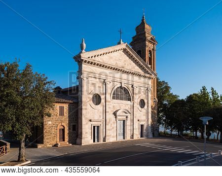 Madonna Or Santa Maria Del Soccorso Church In Montalcino, Tuscany, Italy With Facade And Belltower