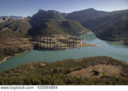 Landscape Showing Llosa Del Cavall Swamp Wunder A Clear Blue Sky In Lord Valley In Catalonia