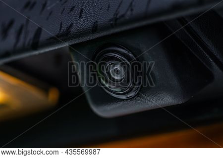 Close Up View Of Rear View Parking Assist Video Camera On The Car. Modern Rear View Cameara On Moder