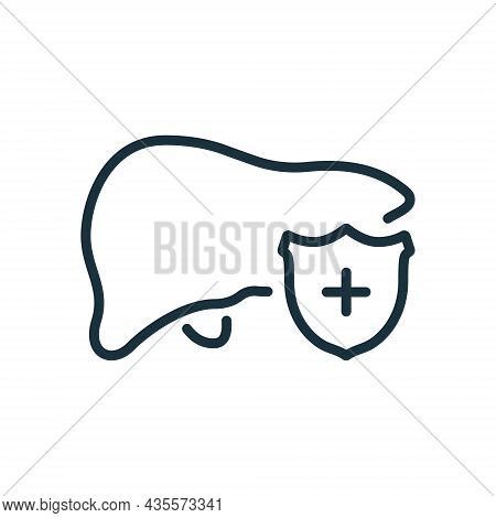 Protection Of Human Liver. Shield And Healthy Liver Outline Icon. Internal Organ Linear Pictogram. E