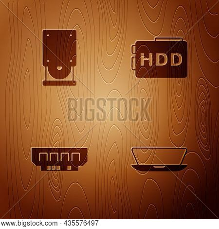 Set Laptop, Optical Disc Drive, Ram, Random Access Memory And Hard Disk Hdd On Wooden Background. Ve