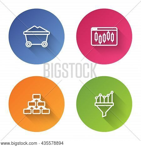Set Line Coal Mine Trolley, Browser With Stocks Market, Hierarchy Organogram And Sales Funnel Chart.