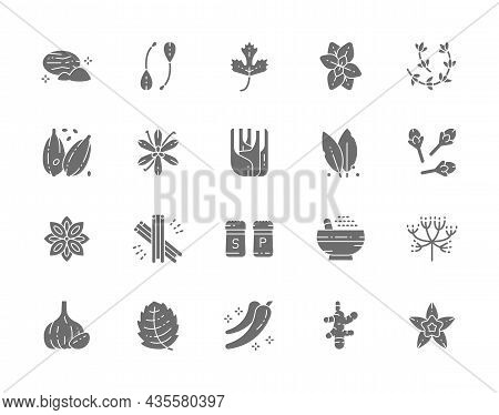 Set Of Grey Icons. Nutmeg, Capers, Parsley, Oregano, Cardamom And More.