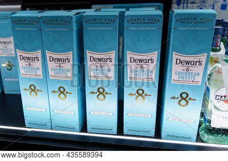 Volzhsky, Russia-september 21, 2021: Dewars Label Scotch Whisky Bottles - A Brand Of Blended Scotch 