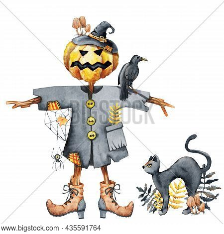 Garden Scarecrow, Head Of Pumpkin Isolated On A White Background. Black Cat, Crow, Mushroom Toadstoo
