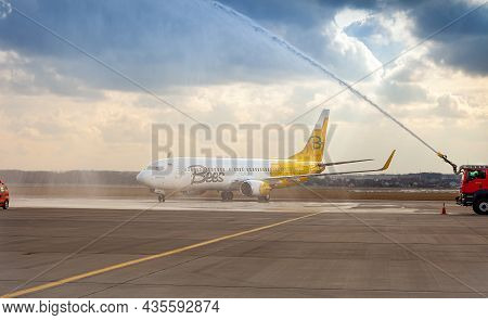 Bees Airline Yellow Plane On The Apron. Boeing 737-800 Ur-uba Passenger Aircraft. Ukraine, Kyiv - Ma